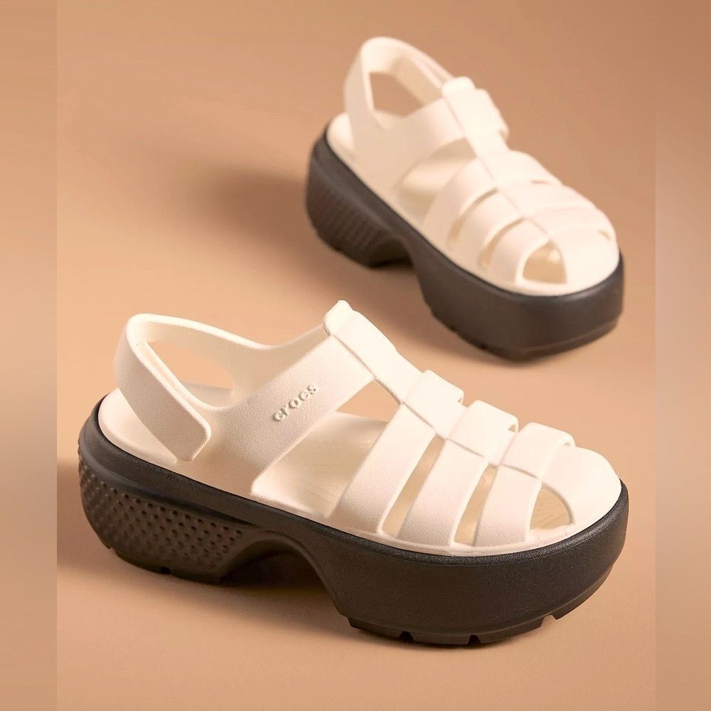 CROCS Cream Platform Fisherman Sandals with Black Sole